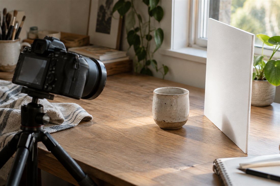 White foam board beside a ceramic cup reflecting window light into a tabletop photography setup