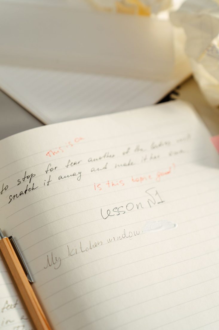 Handwritten notes in an open notebook.